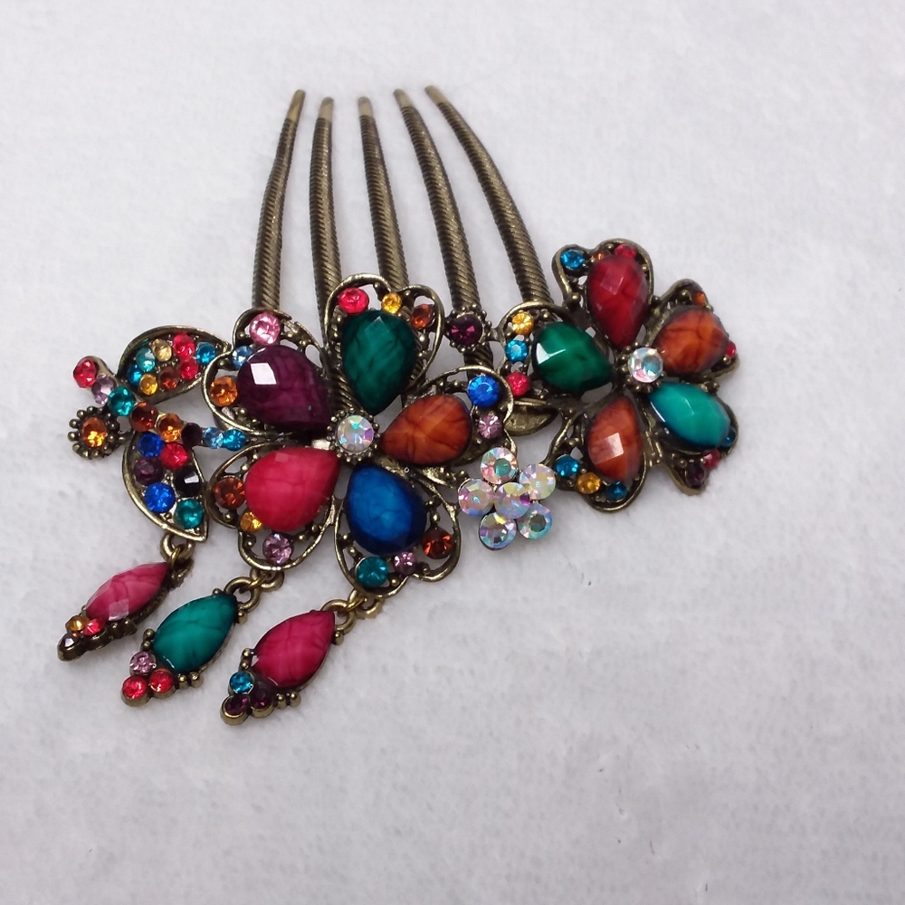 Multi Color Rhinestones Flower Hair Comb - Picture 3 of 7